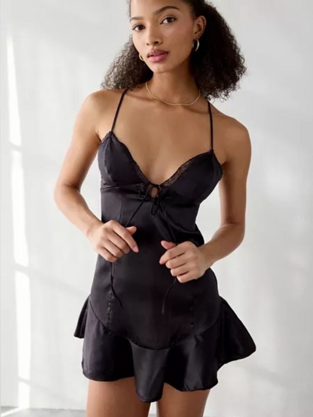 Urban Outfitters Out From Under Beauty Sleep Lace-Up Tie Satin Slip Mini Dress S